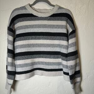 Pink Rose Size Medium Cropped Boxy Sweater Knit Striped Gray White Neutrals